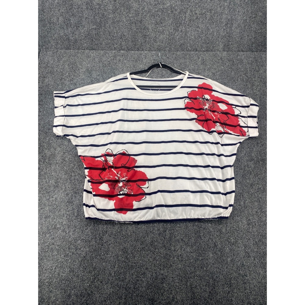 INC International Concepts Striped Floral Top Women 2X White Navy Red Bubble Hem